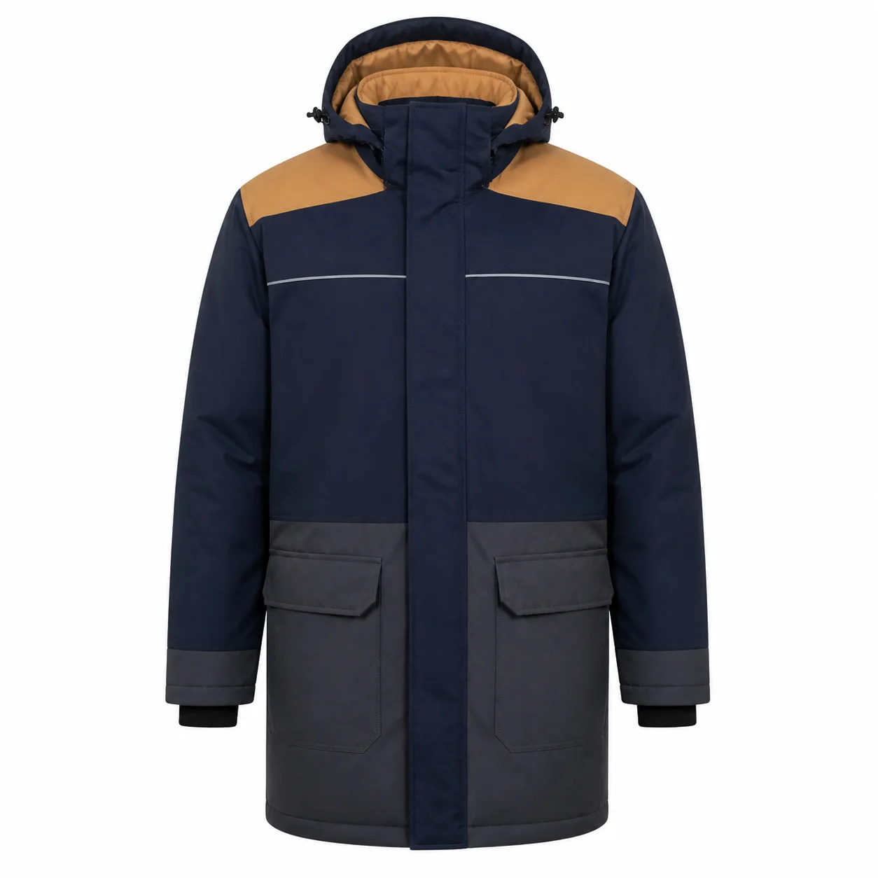 KT-MK-028 Lacivert Camel Kapüşonlu Uzun İş Kabanı