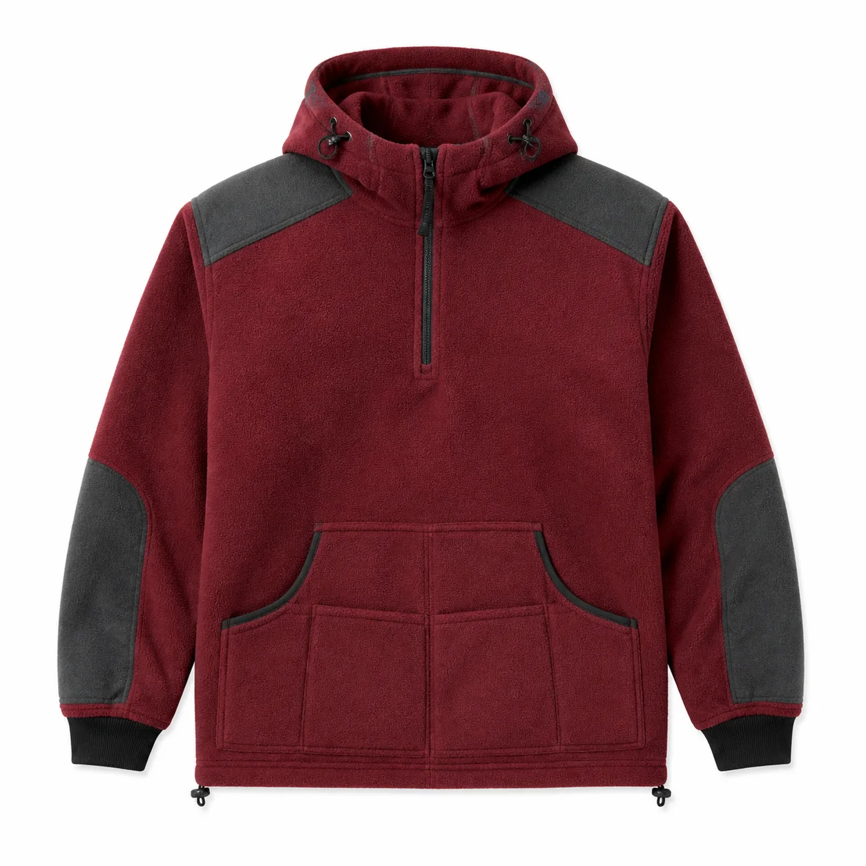 KT-PL-026 Bordo Antrasit Yarım Fermuarlı Kapüşonlu Polar